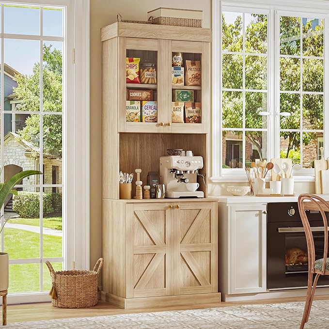 Vyre 71" Farmhouse Kitchen Pantry Cabinet Set of 4, Brown Freestanding Coffee Bar Hutch with Glass Doors & Adjustable Shelves, Large Storage Cabinet with Microwave Stand for Living Room & Kitchen