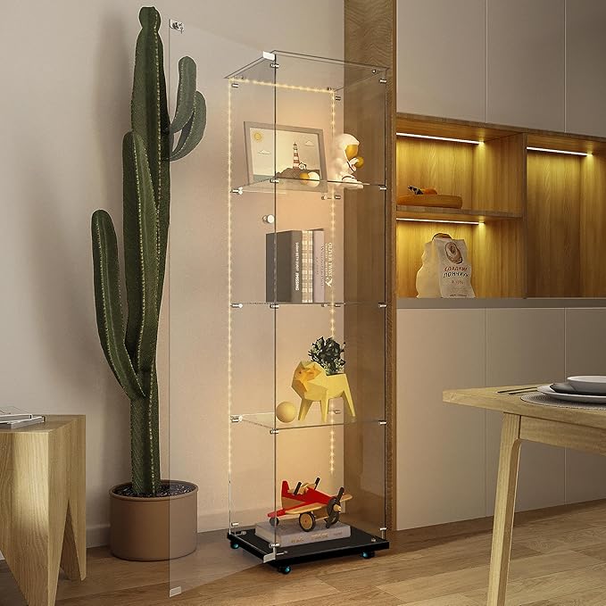 Yoluckea 4 Tiers Glass Display Cabinet with Bluetooth LED Light Strip, 1 Door Floor Standing Curio Cabinet with Universal Wheel for Home Office Display, Black Glass Bookshelf for Collections,Clear Top