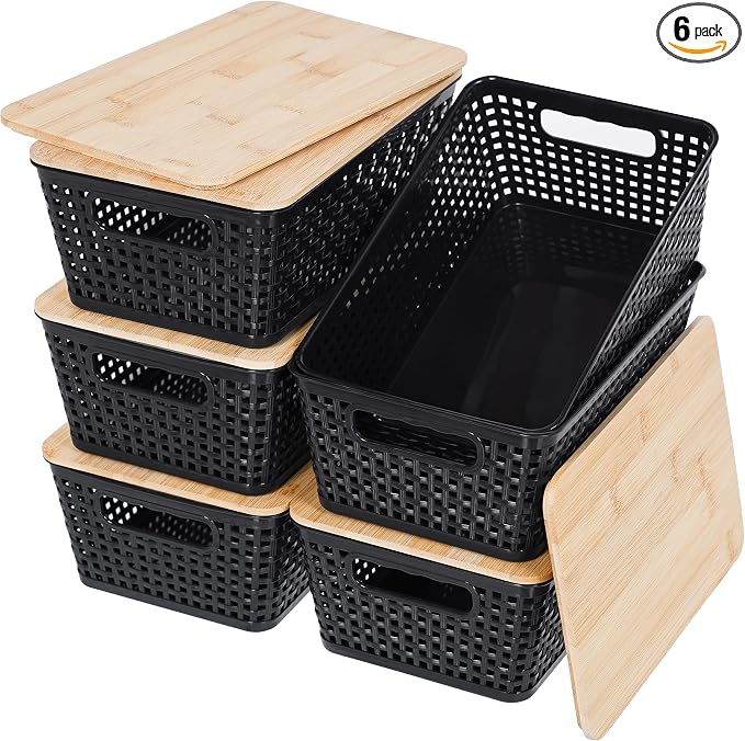 Storage Bins with Lids 6 Packs, Plastic Storage Bins with Bamboo Lids by Unknown