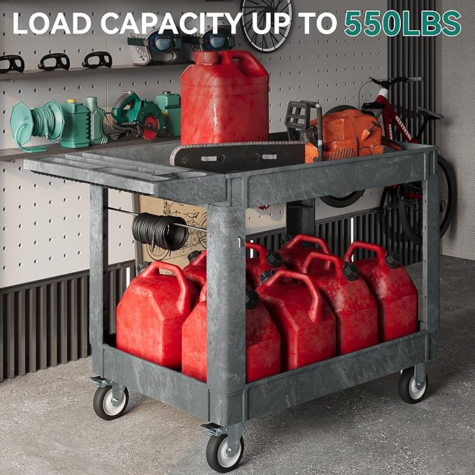 YITAHOME Utility Cart on Wheels, 550 lbs 2 Shelf Heavy Duty Rolling Carts, 45 x 25 in Plastic Service Cart Work Carts with Wheels for Warehouse Garage School & Office, Cleaning, Gray