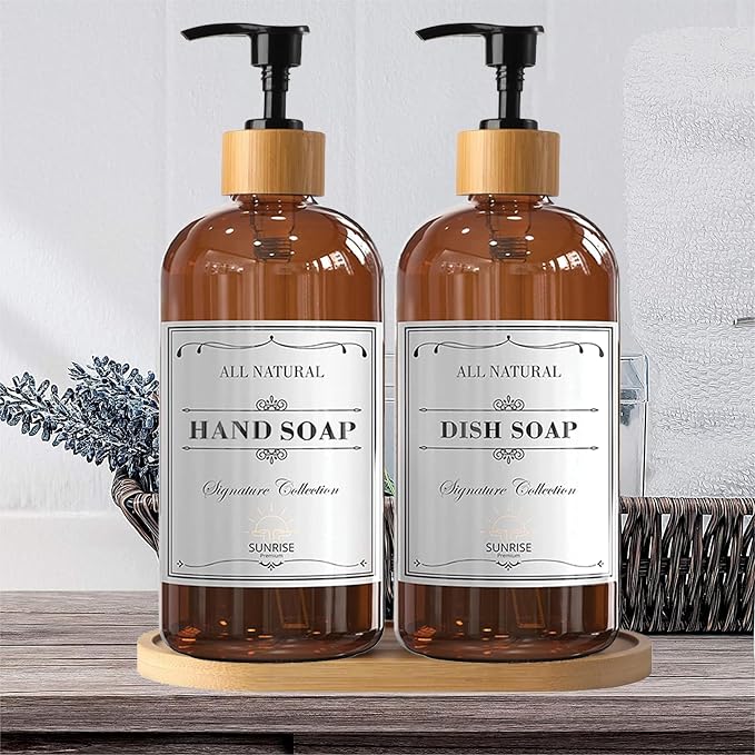 Sunrise Premium Amber Glass Soap Dispenser, Bamboo Pump - Image 6