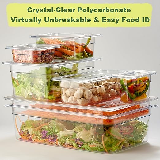 CURTA 4-Pack Full Size 4" Deep NSF Polycarbonate Food Pans with Handled Lids & Drain Trays | Dishwasher & Freezer Safe Clear Container for Prep Tables, Buffet, Salad Bar, Commercial Kitchen