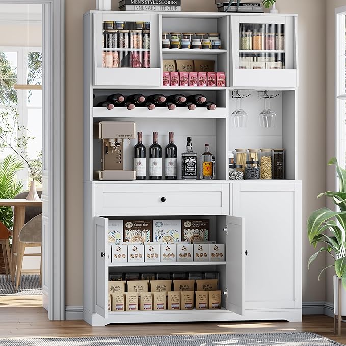 71" Pantry Cabinet with LED Light & Outlet, Kitchen Hutch Storage Cabinet with 6 Adjustable Shelves and 3 Hanging Rack Shelves,Food Pantry for Kitchen, Dining Room or Living Room, White