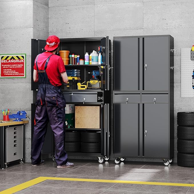 Aobabo Garage Storage Cabinet with 2 Drawers, Metal Storage Cabinet with Wheels for Garage Home,Assembly Required,Black&Dark Grey