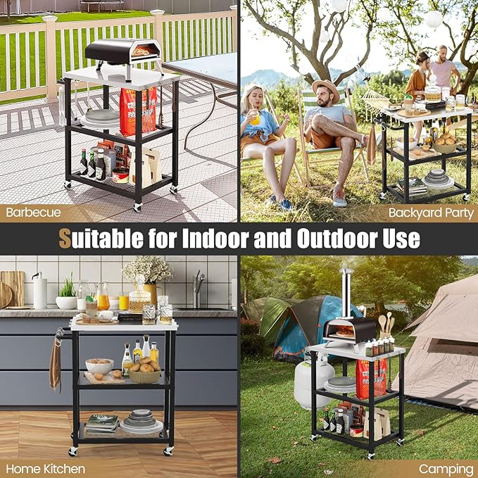 Giantex Outdoor Grill Cart - Movable Pizza Oven Stand with Stainless Steel Top, 2 Storage Shelves, 9 Hooks, Food Prep Cooking Table with Lockable Wheels, Dinning Serving Cart for Kitchen BBQ Party
