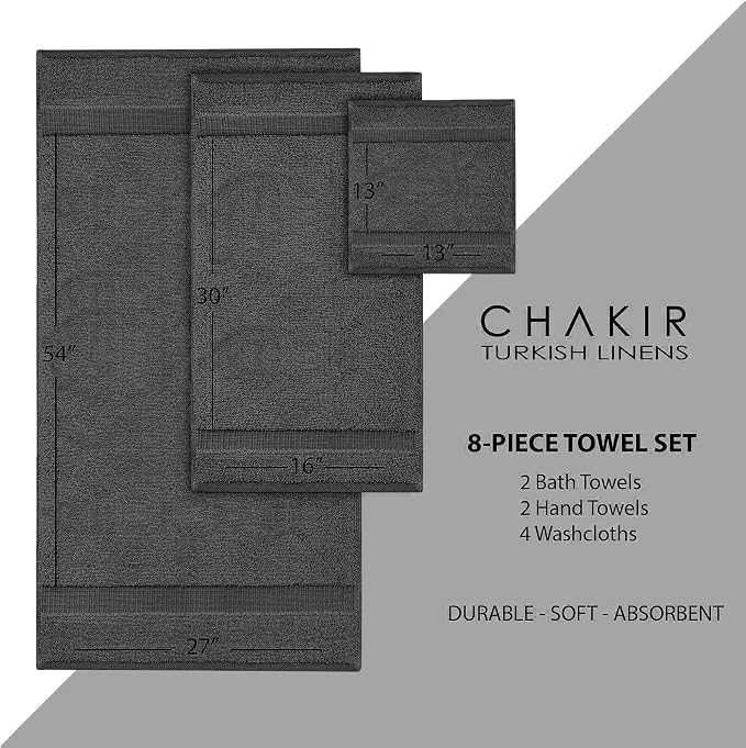 Chakir Turkish Linens 100% Cotton 8-Piece Towel Set, Dark Gray | Premium Towel - Image 6