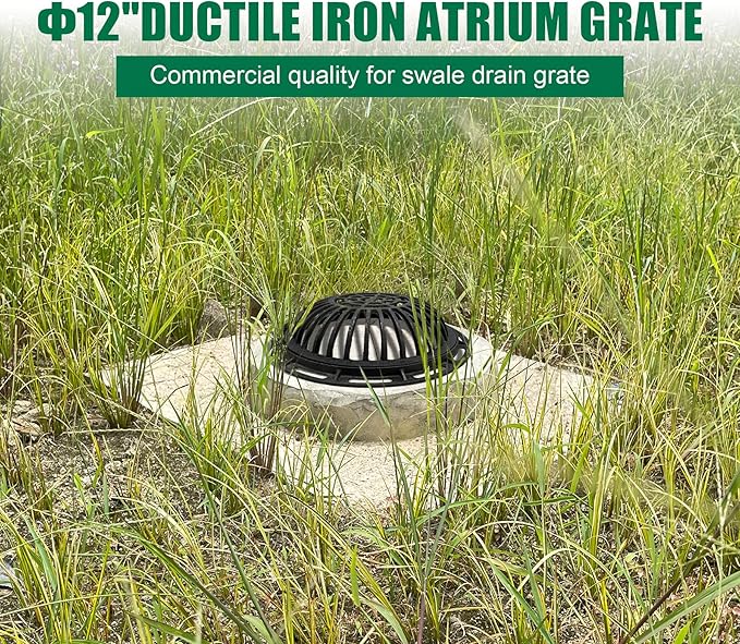 12in Ductile Iron Atrium Drain Grate and Frame,Dome Durable Metal Overflow Relief Gully Dome Grate with Bolted Down Base,Cast Iron Sewage Drain Grates for Garden,Yard,Lawn(Overall Size 14.2")
