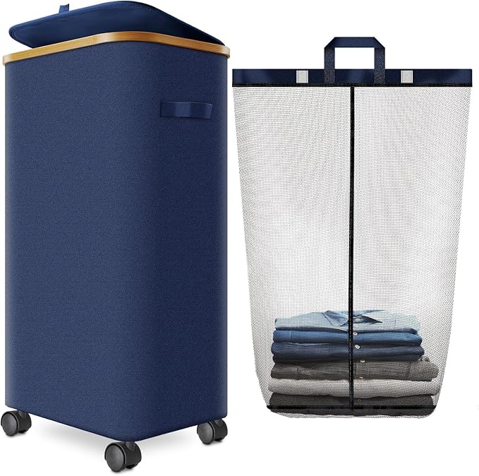 Laundry Hamper with Wheels, 75L Rolling Laundry Basket with Lid by Wuevu