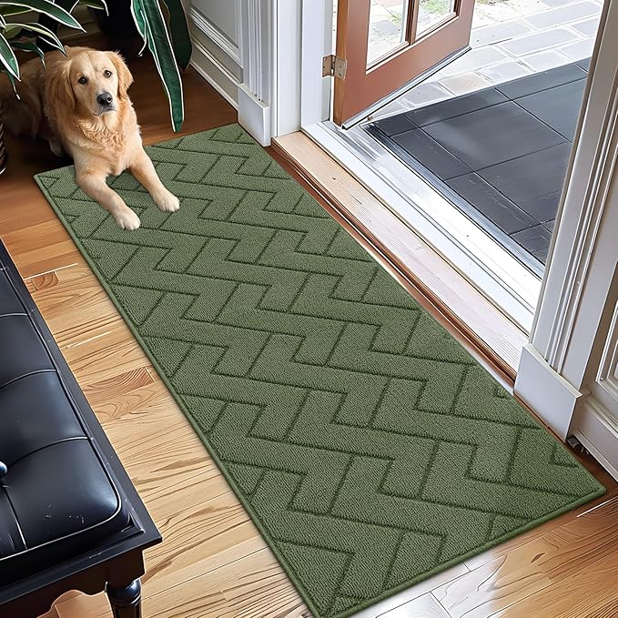 hicorfe Dirt Trapper Indoor Doormat,20"x59" Welcome Door mat,Non Slip Backing Washable Door Mats,Absorbent and Resistant Low-Profile Entrance Inside Floor Mat for Front Back Door,Entryway (Green)