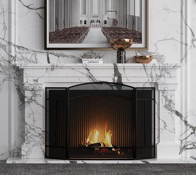 Fire Beauty Fireplace Screen 3 Panel Wrought Iron 48"(L) x 29"(H) Spark Guard Cover(Sanded Black)