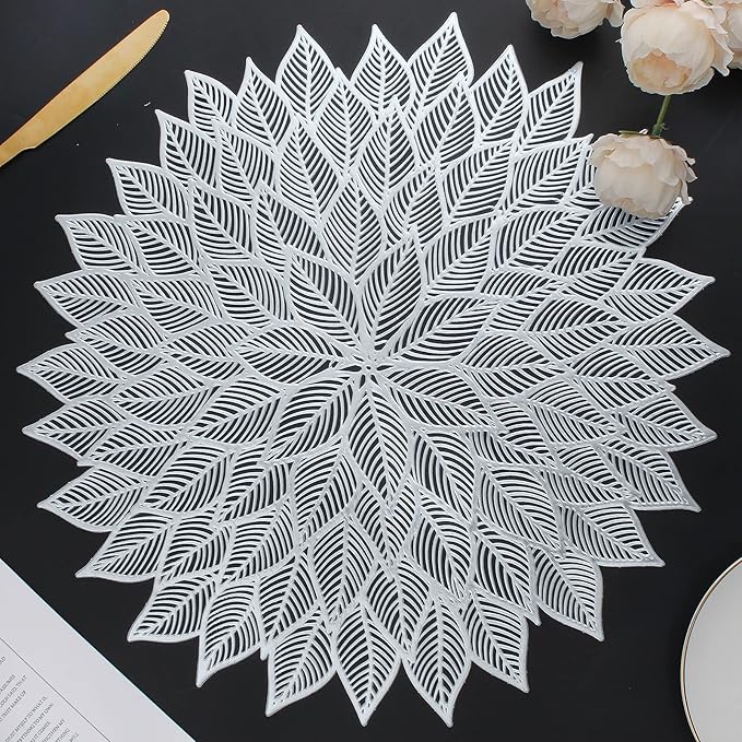 Placemats Set of 4, Round Hollow Out Flowers Place Mats for Dining Table Pressed Vinyl Blooming Leaf Table Mats for Holiday Party Wedding Accent Centerpiece Dinner Table Decoration (Silver)