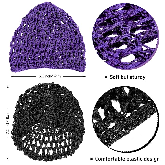 Geyoga 4 Pieces Mesh Crochet Hair Net Rayon Knit Snood Hat Thick Short Women Hairnet Snoods Cover Ornament for Sleeping (Black, Purple)