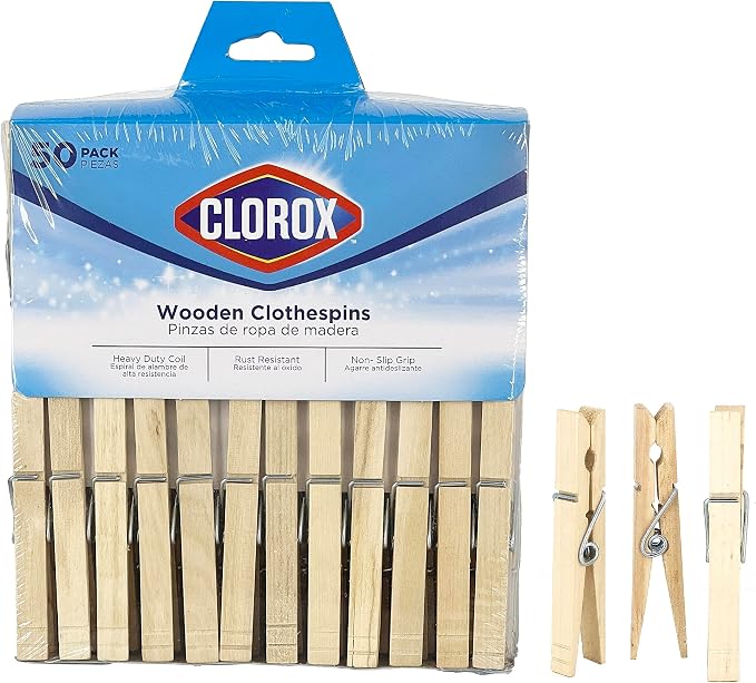 Clorox Wood Clothespins with Spring – Value Pack Set of 50 | Rust Resistant by Clorox