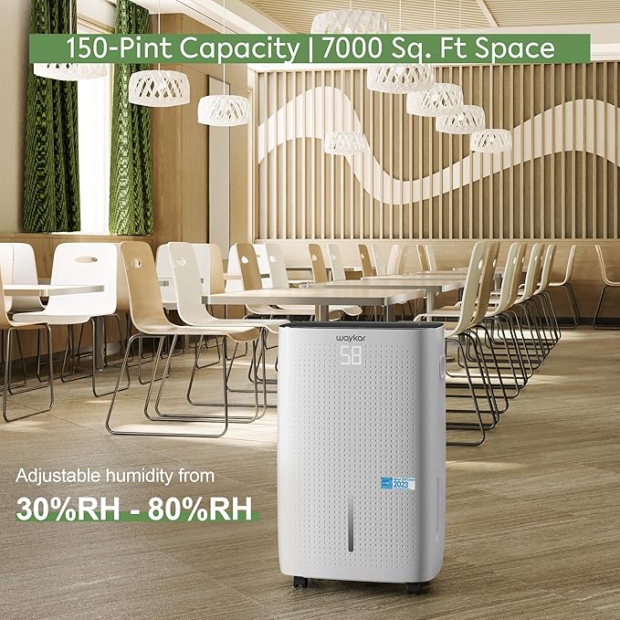 Waykar 150 Pints 7,000 Sq. Ft Energy Star Dehumidifier with Drain Hose for Commercial and Industrial Large Rooms, Home, Basements, Storages, Warehouses and Bedrooms