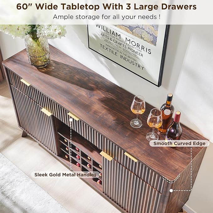 OKD 60" Fluted Buffet Cabinet with Storage - 3 Drawers and 2 Doors, Mordern Wine & Coffee Bar Cabinet with Wine and Glass Racks, Sideboard with Adjustable Shelves for Kitchen, Dining Room,Walnut