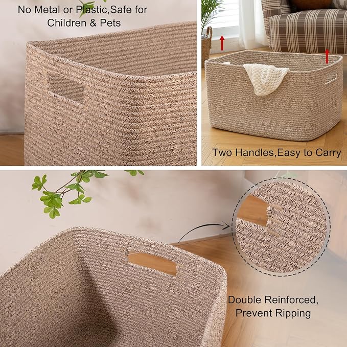 OIAHOMY 75L Large Blanket Basket Woven Cotton Rope Storage Basket Brown - Image 9