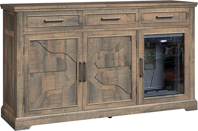 60" Farmhouse Coffee Bar Cabinet with Beverage Fridge (Included), Wine Bar Cabinet with Drawer Storage, Mini Fridge Cabinet, Sideboard Cabinet for Dining Room, Living Room-Brown