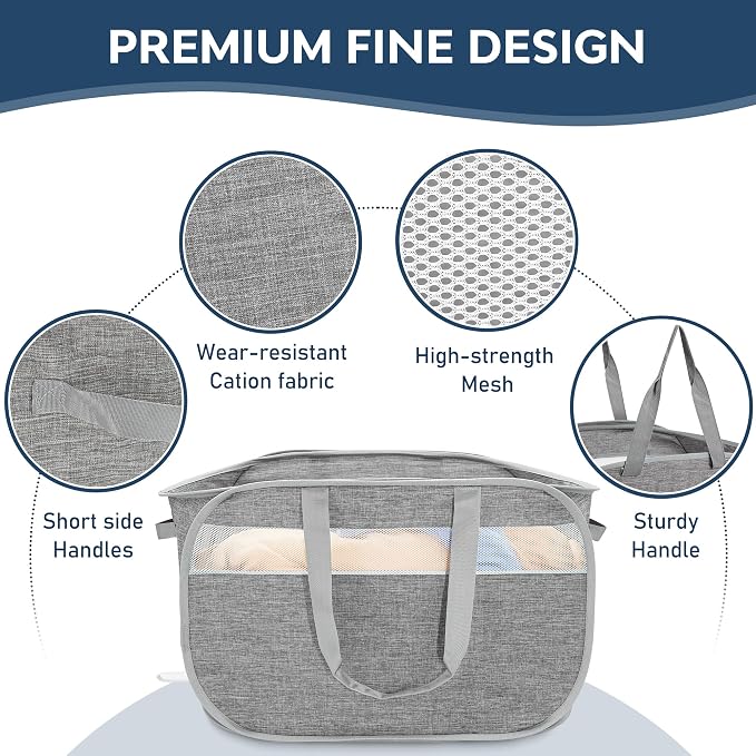 100L Collapsible Laundry Baskets, Foldable Dual Handles Laundry Hamper Grey | - Image 4