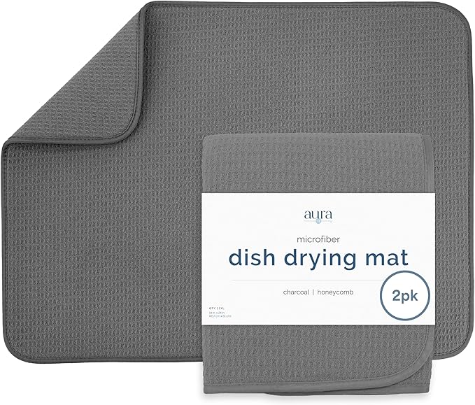 S&T INC. Dish Drying Mat, 2 Pack, Charcoal Grey | Absorbent Microfiber by STINC