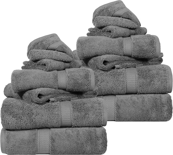 SUPERIOR Egyptian Cotton Ultra Plush & Absorbent, 12 Piece Set, Charcoal | by SUPERIOR