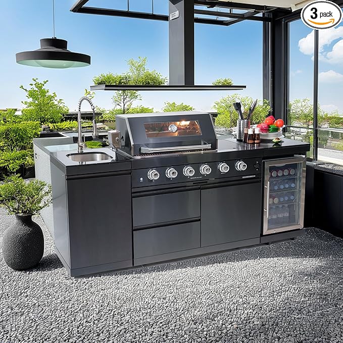 85 Inch 4-Burner 72000 BTU Natural Gas Outdoor Kitchen Island with Grill, Wine Cooler Compact Refrigerator, Rotisserie Kit, Granite Countertops, Stainless Steel Sink, Black