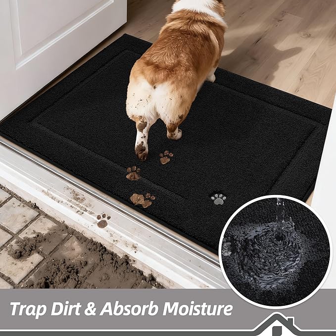 BEQHAUSE Dog Door Mat for Muddy Paws 32"x48" Dirt Trapper Absorbent Doormat Non Slip Entryway Rugs Washable Stain Resistant Welcome Floor Mat Soft Low-Profile for Front Back Door, Black