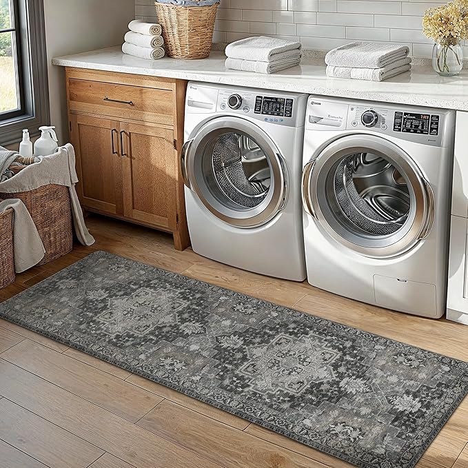 GENIMO Kitchen Mats for Floor 2PCs, Washable Anti Fatigue Mat for Cushioned, 17.3"x59"+17.3"x30", Waterproof Kitchen Rugs, Non Slip Comfort Standing Mat Rug for Home, Sink, Laundry, Dark Gray