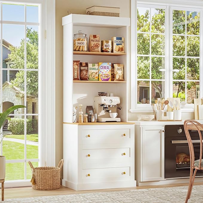71" Tall Farmhouse Kitchen Pantry, Large Storage Cabinet with Drawers, Freestanding Coffee Bar Hutch with Microwave Stand, Adjustable Shelves for Kitchen, Living Room, White 2 Pcs