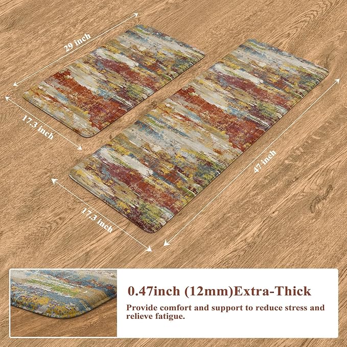Collive Anti Fatigue Mats for Kitchen Floor, Abstract Cushioned Non Slip Kitchens Rugs Sets of 2 Waterproof, Red Comfort Foam Standing Mat for Sink, Laundry, Home Office, 17"x47"+17"x29"