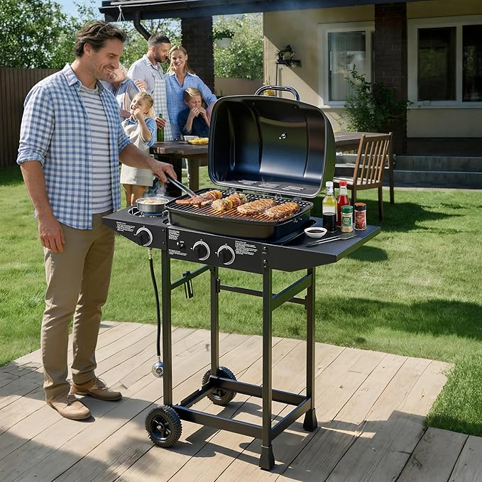 Gas Grill with Side Burner, 2 Burner Propane Grill 24,000 BTU, 237 Sq In Cooking Area, Stainless Steel Outdoor Grill for Backyard, Patio, Balcony