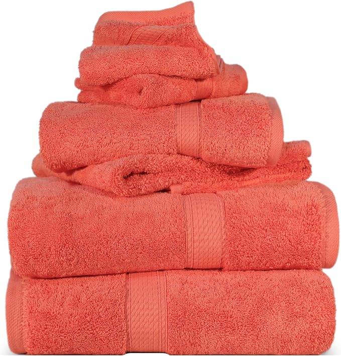 SUPERIOR Egyptian Cotton Ultra Plush & Absorbent, 6 Piece Set, Coral | Quick Dry by SUPERIOR