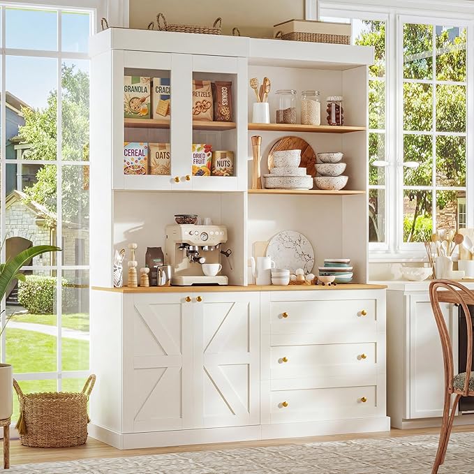 71" Farmhouse Kitchen Pantry Cabinet Set, White Freestanding Storage Hutch with Glass Doors, Drawers & Countertop, Microwave Stand & Coffee Bar, Adjustable Shelves, 2-Piece