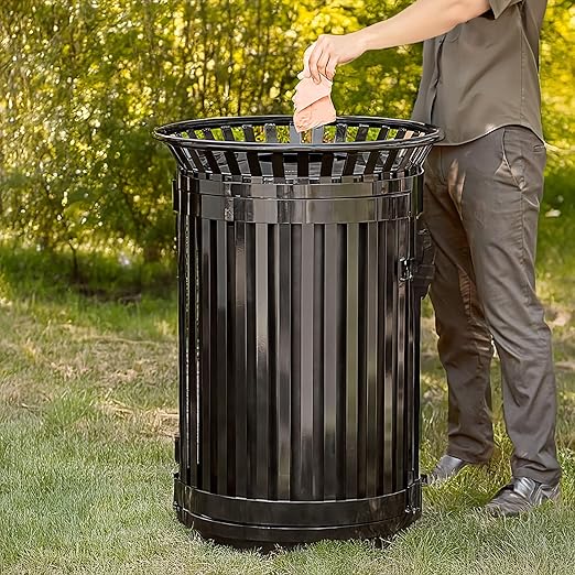 45 Gallon Commercial Black Waste Bin with Flat Lid & Door, Heavy-Duty Outdoor Trash Can Steel Slatted, Round Recycle Container, Durable Garbage Can for Parks, Municipalities, Schools, Parking