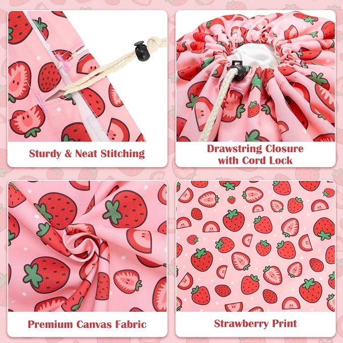 Canvas Laundry Bag with Shoulder Strap Drawstring, Strawberry - Image 3