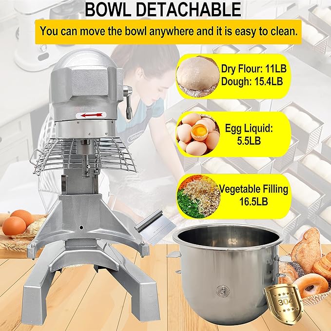 TECHTONGDA Commercial Stand Food Mixer, 20L Dough Mixer Machine, 3-Speed Adjustable Heavy Duty Electric Food Mixer, Dough Kneading Machine with Stainless Steel Bowl, Dough Hook Whisk Beater Included