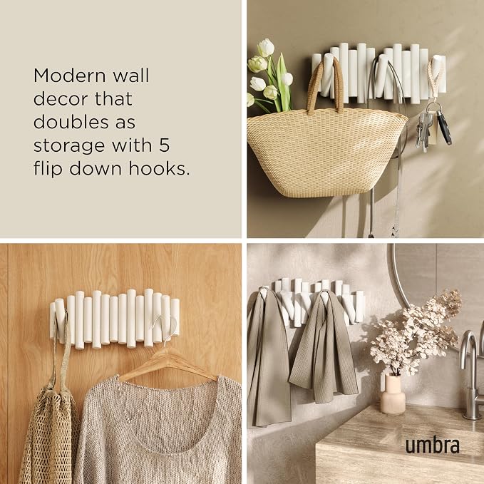 Umbra Picket Coat Rack, Wall Mount 5 Flip-Down Coat Hooks - Image 4