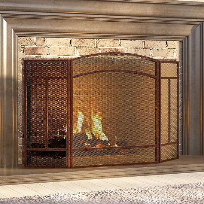 Fire Beauty Fireplace Screen 3 Panel Wrought Iron 48"(L) x 29"(H) Spark Guard Cover(Brushed Copper)