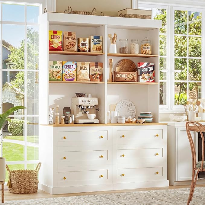 71" Tall Farmhouse Kitchen Pantry, Large Storage Cabinet with Drawers, Freestanding Coffee Bar Hutch with Microwave Stand, Adjustable Shelves for Kitchen, Living Room, White 2 Pcs