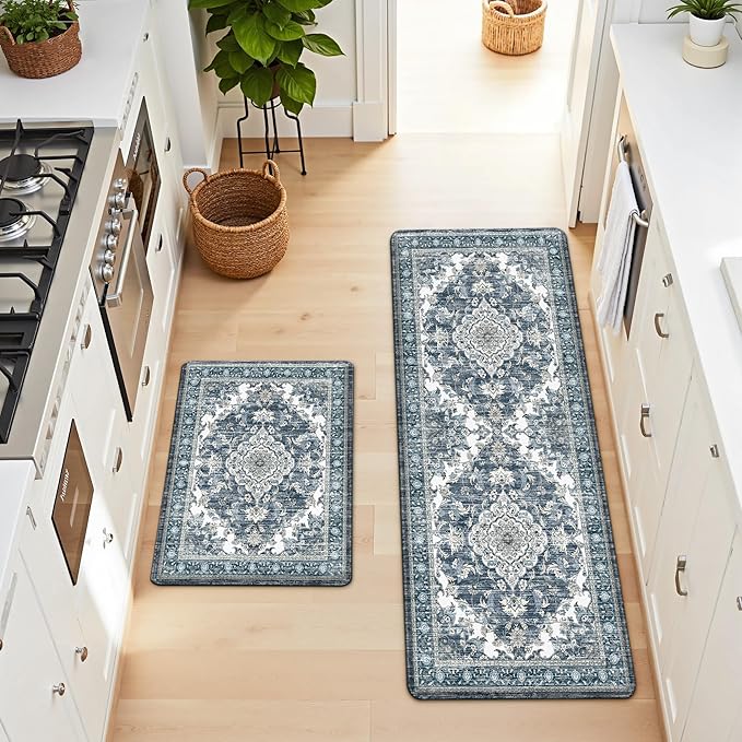 Boho Kitchen Mats for Floor 2 Piece Set Anti Fatigue Cushioned PVC Kitchen Rugs Non Slip Waterproof Farmhouse Mats 2/5 Inch Comfort Standing Mat for Sink, Laundry, 17.3"x59"+17.3"x28", Dark Blue
