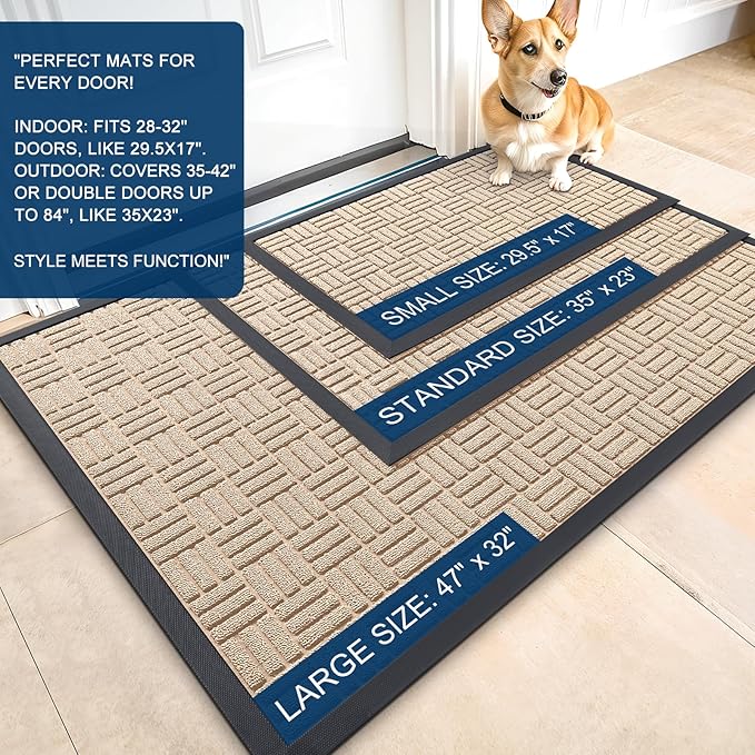 OLANLY Front Door Mat Outside Entrance 33x21, Absorbent, Heavy Duty Sturdy Natural Rubber Doormat Indoor Outdoor, Non-Slip, Stain and Fade Resistant, Low Profile Floor Mat for Entryway, Latte White