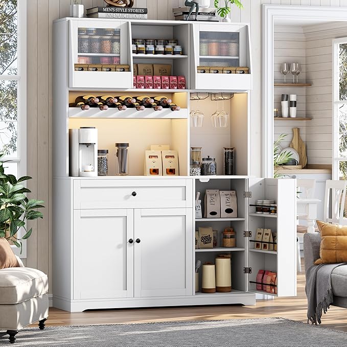 71" Pantry Cabinet with LED Light & Outlet, Kitchen Hutch Storage Cabinet with 6 Adjustable Shelves and 3 Hanging Rack Shelves,Food Pantry for Kitchen, Dining Room or Living Room, White