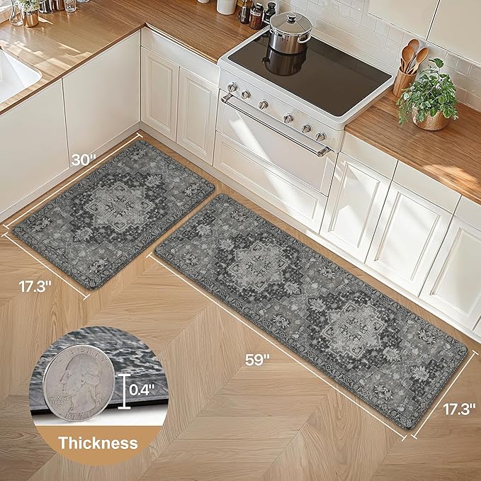 GENIMO Kitchen Mats for Floor 2PCs, Washable Anti Fatigue Mat for Cushioned, 17.3"x59"+17.3"x30", Waterproof Kitchen Rugs, Non Slip Comfort Standing Mat Rug for Home, Sink, Laundry, Dark Gray