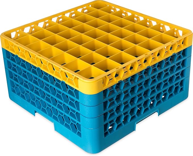 CFS RG49-4C411 OptiClean 49 Compartment Glass Rack with 4 Extenders, 10.3", Polypropylene, Yellow/CFS Blue