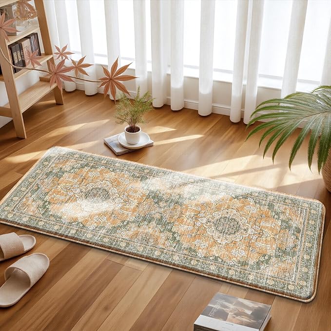Boho Kitchen Mats for Floor 2 Piece Set Anti Fatigue Cushioned PVC Kitchen Rugs Non Slip Waterproof Farmhouse Mats 2/5 Inch Comfort Standing Mat for Sink, Laundry, 17.3"x59"+17.3"x28", Green Orange