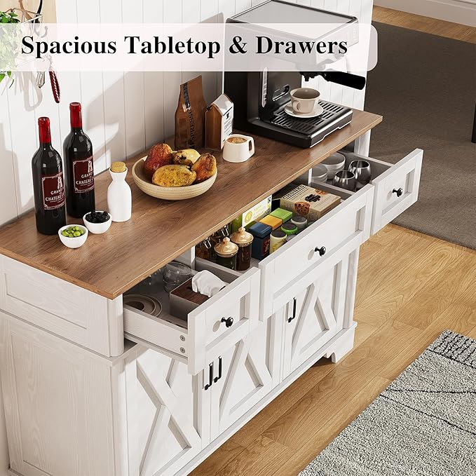 Farmhouse Buffet Cabinet with Storage, White Sideboard Buffet Cabinet with Adjustable Shelves & 3 Drawers, Buffet Table Coffee Bar Wine Bar Storage for Kitchen & Living Room, 47inch