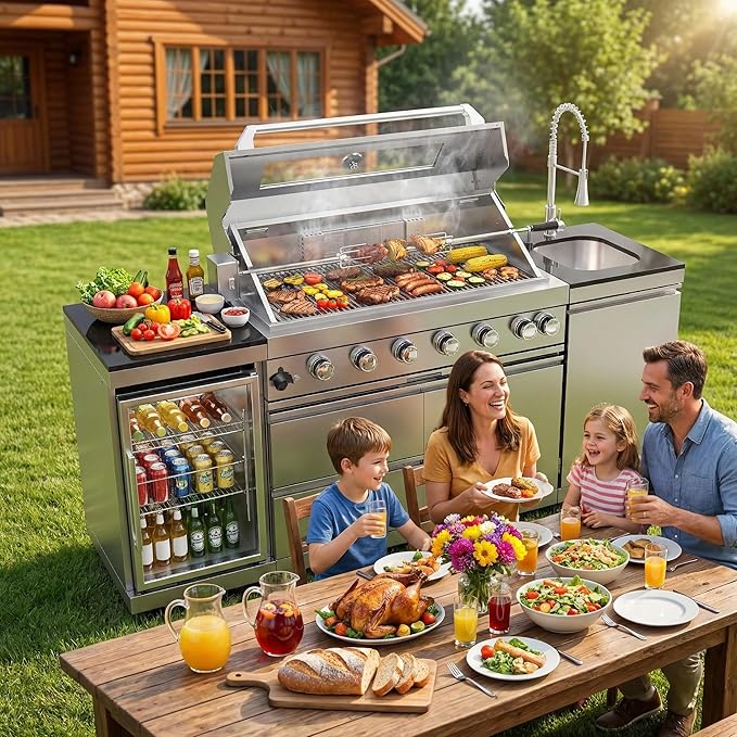 Outdoor Kitchen Island, 82 Inch 85000 BTU Gas Grill Combination With Refrigerator and Sink, Outdoor Stainless Steel Barbecue Bar,Natural Gas Barbecue Grill for Patios, Gardens, Parties