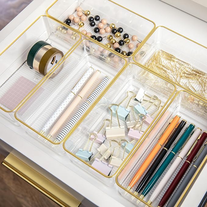 Martha Stewart Kerry Plastic Stackable Office Desk Drawer Organizers, 6 Pack - Image 5