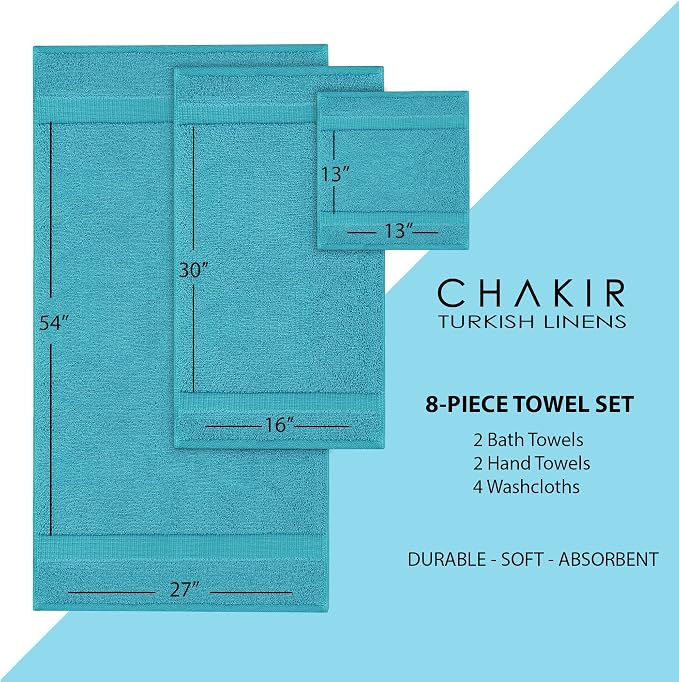 Chakir Turkish Linens 100% Cotton 8-Piece Towel Set, Aqua | Premium Towel Set - Image 6