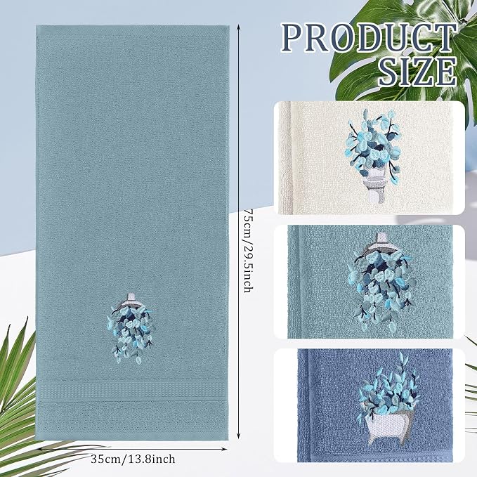 3 Pcs Blue Eucalyptus Leaves Hand Towels Botanical Bathroom Decor | Embroidered - Image 2