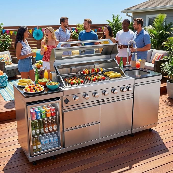 Outdoor Kitchen Island, 82 Inch 85000 BTU Gas Grill Combination With Refrigerator and Sink, Outdoor Stainless Steel Barbecue Bar,Natural Gas Barbecue Grill for Patios, Gardens, Parties